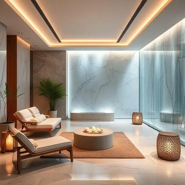 Modern and tranquil interior of a spa relaxation lounge