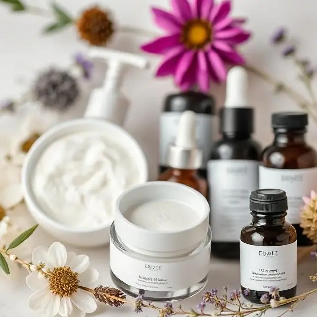 Close-up of natural facial products and botanicals