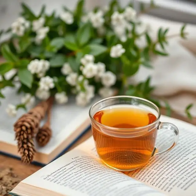 A cup of herbal tea and a book, showing relaxation