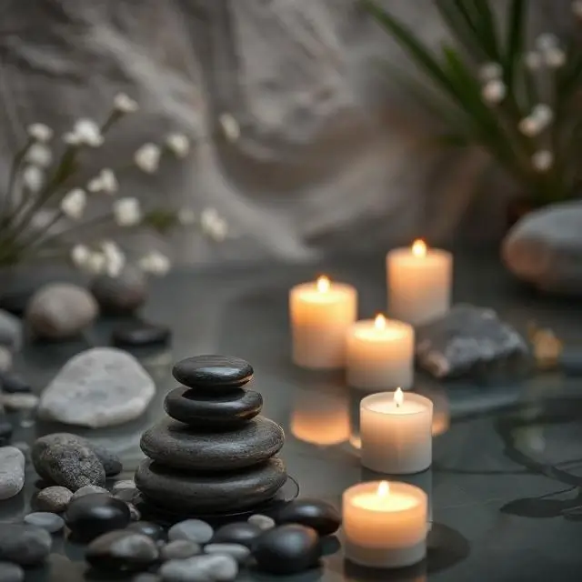 Serene spa setting with candles and stones