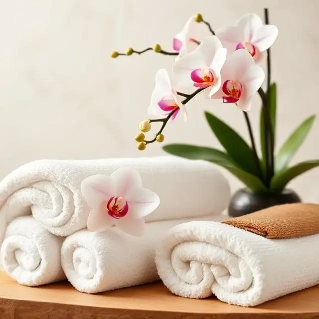 Elegant spa setup with orchids and clean towels