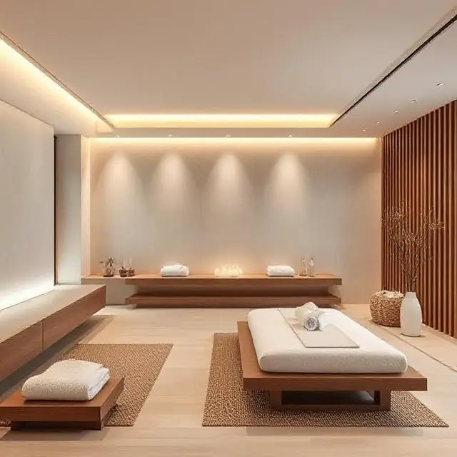 Minimalist spa interior with wood accents