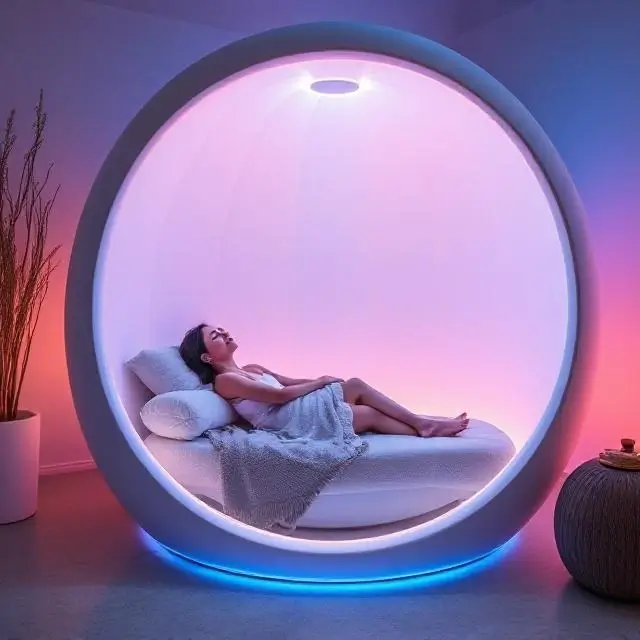 A tranquil relaxation pod with customizable lighting