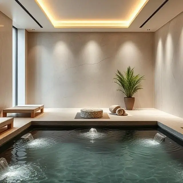 A serene spa interior with a focus on minimalist design and water features.