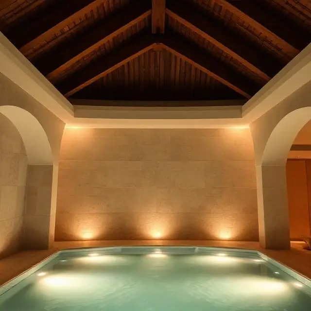 Architectural detail of wooden beams and soft lighting in the spa.