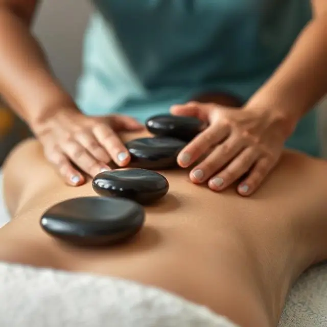 Hot stones being carefully placed on a client's back.
