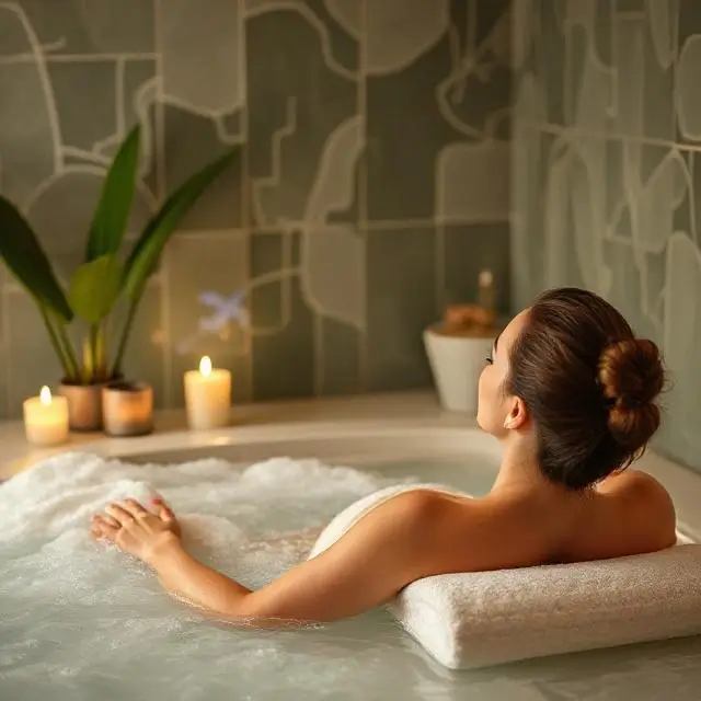 Serene woman with eyes closed, enjoying a spa moment