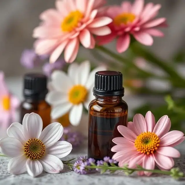 Close up of essential oil bottles and fresh flowers